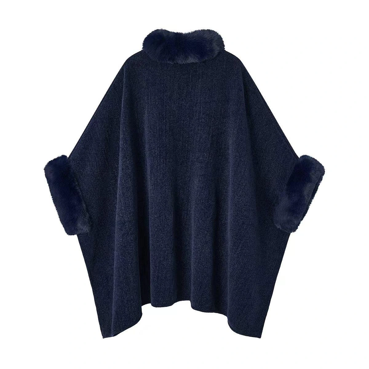 Faux Fur Trim Pom Pom Cape Wrap