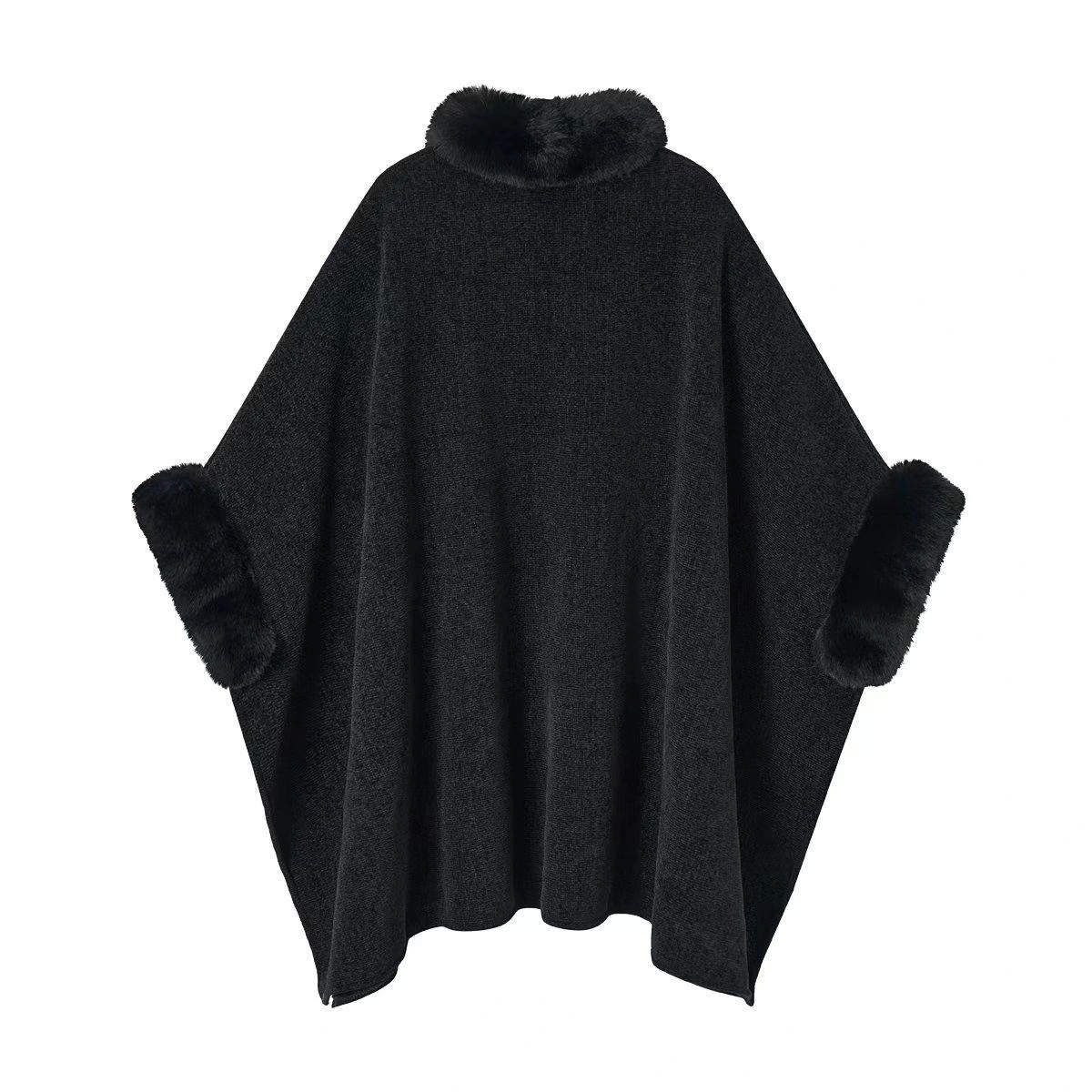 Faux Fur Trim Pom Pom Cape Wrap